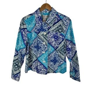 Coldwater Creek Bandana Print Button Front Jacket Small Blue Cotton Paisley Boho